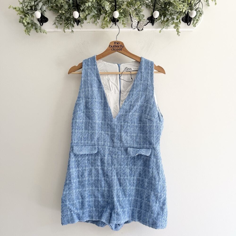 Zara Blue Tweed One Piece Romper Chic Classy Large preppy academia i5889